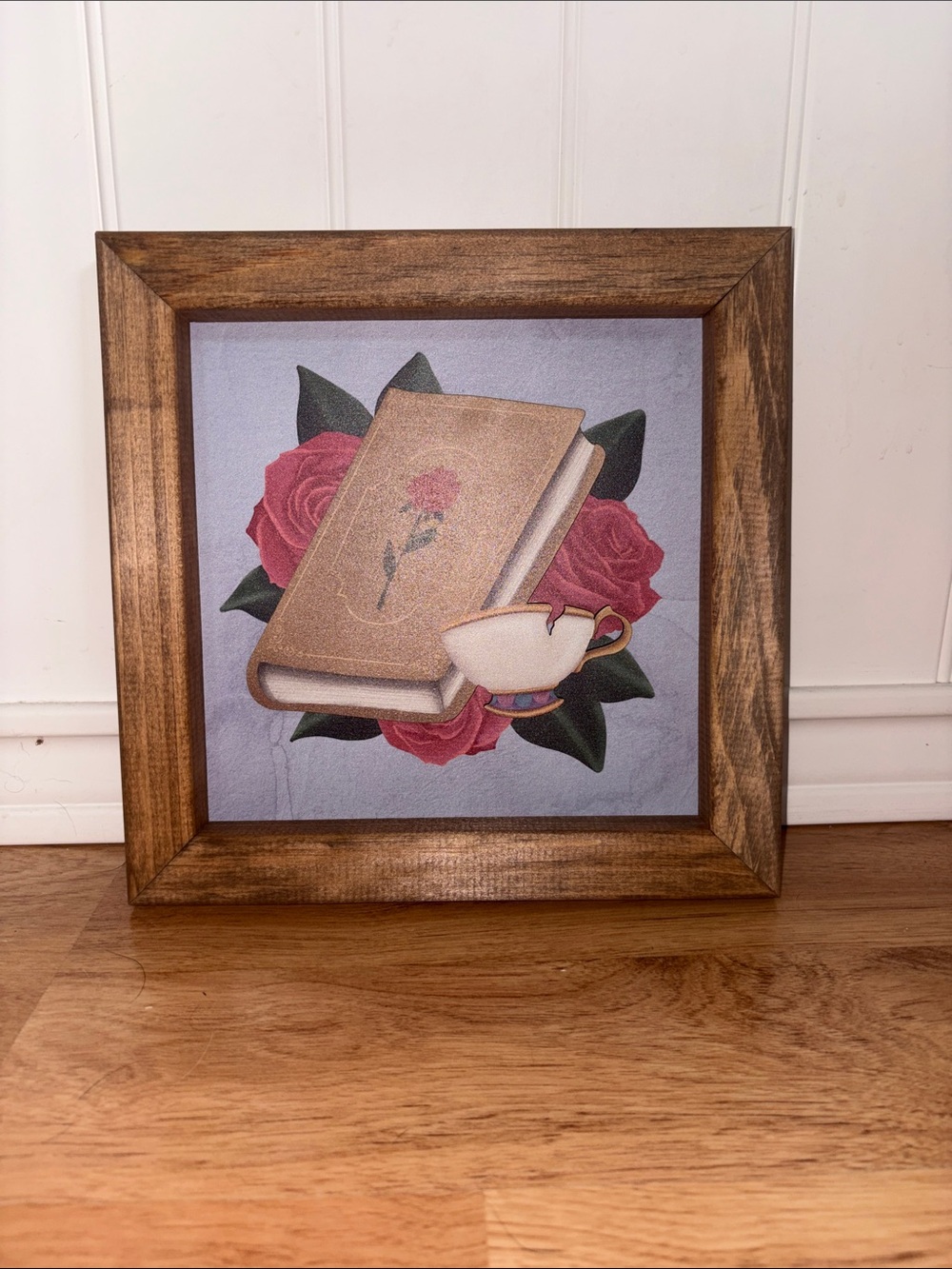 Beauty and the Beast Framed Tea and Book Floral Art Print - Pink Roses